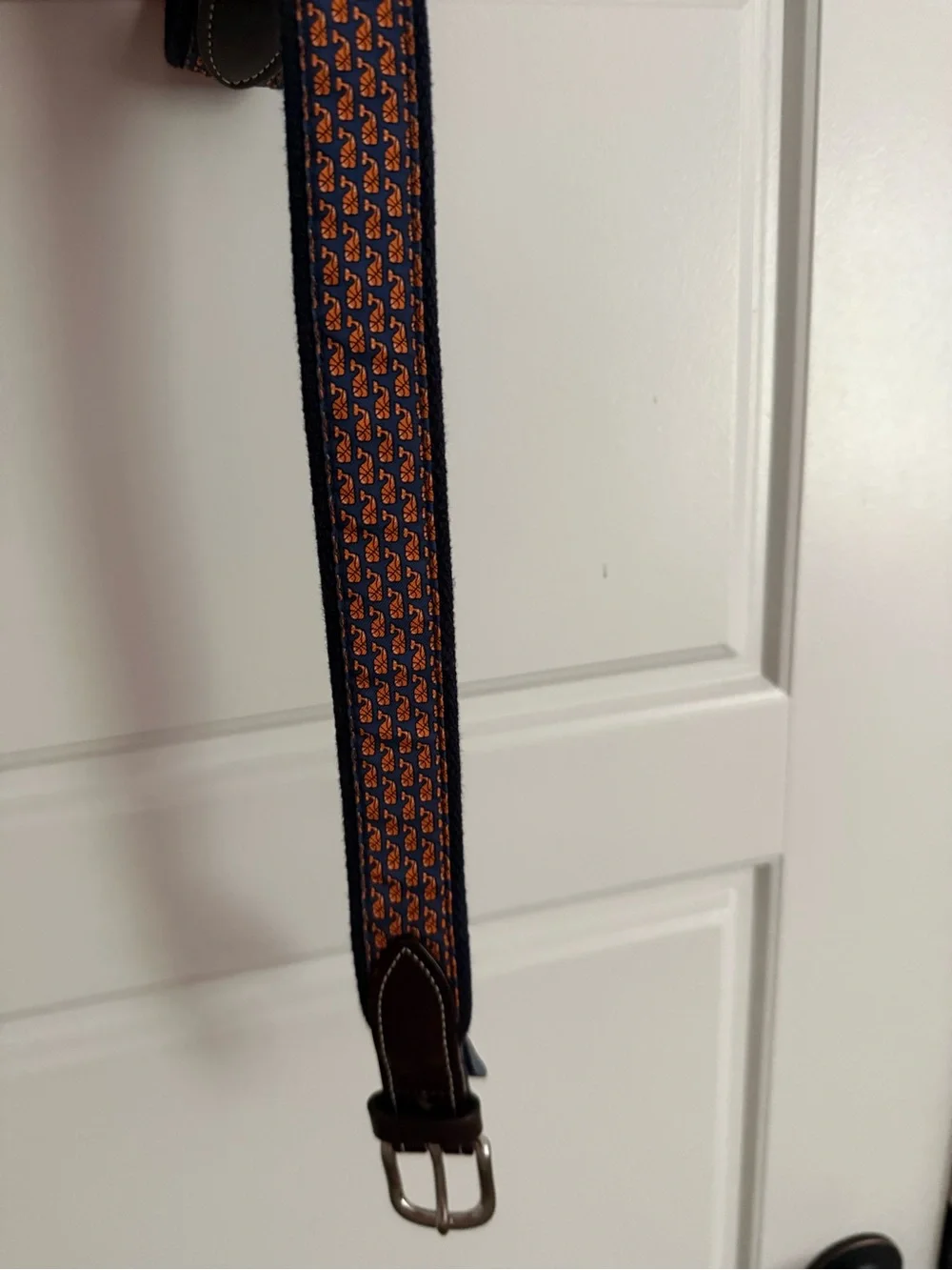 Vineyard Vines Navy and Orange Kids Web Belt with Whale Pattern